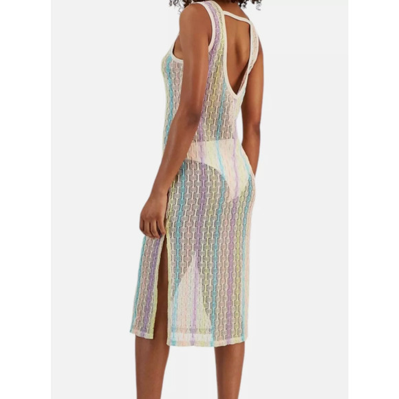 NEW Miken Swim Pastel Sheer Swim Cover Up Dress Medium Stripe Open Knit Boho - Picture 2 of 7